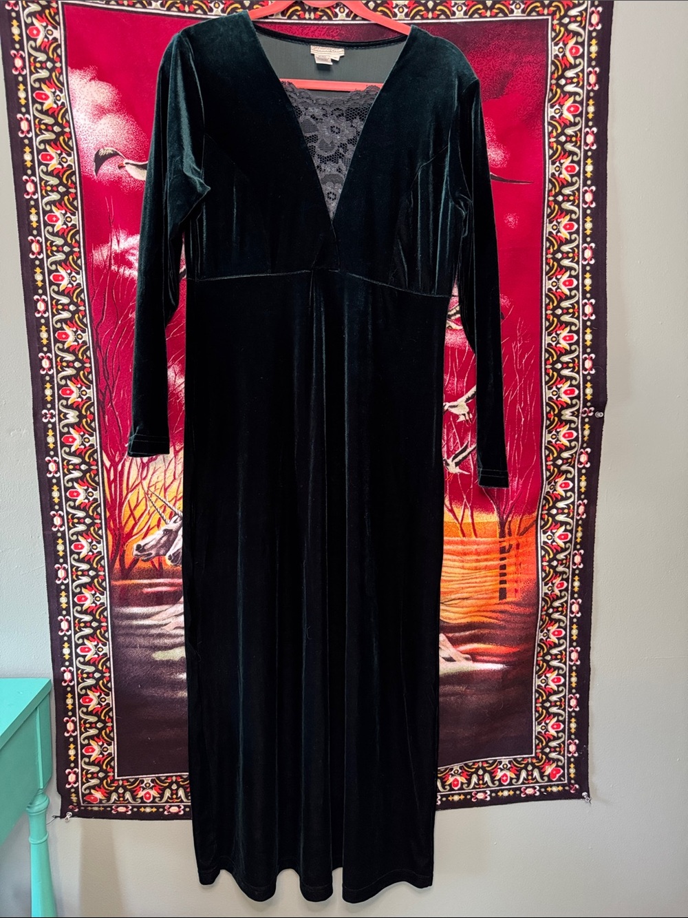 vintage Coldwater Creek dark green velvet long sleeve maxi dress w/ lace panel